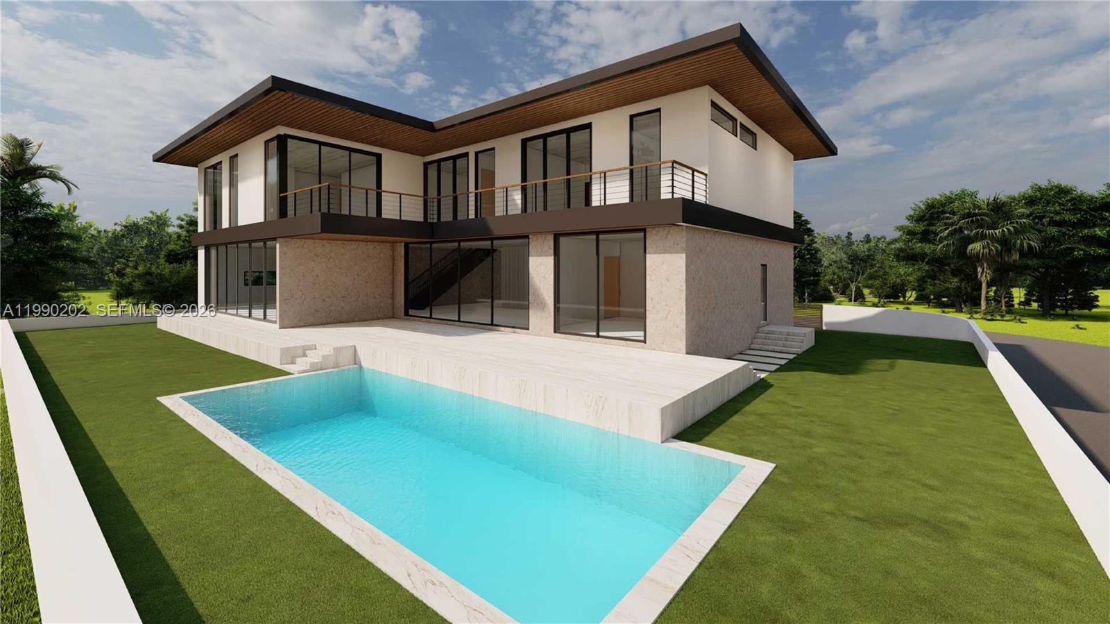A digital rendering of a modern two-story house with a pool and patio — 969 W 34th St, Miami Beach FL 33140, MIAMI BEACH, FL