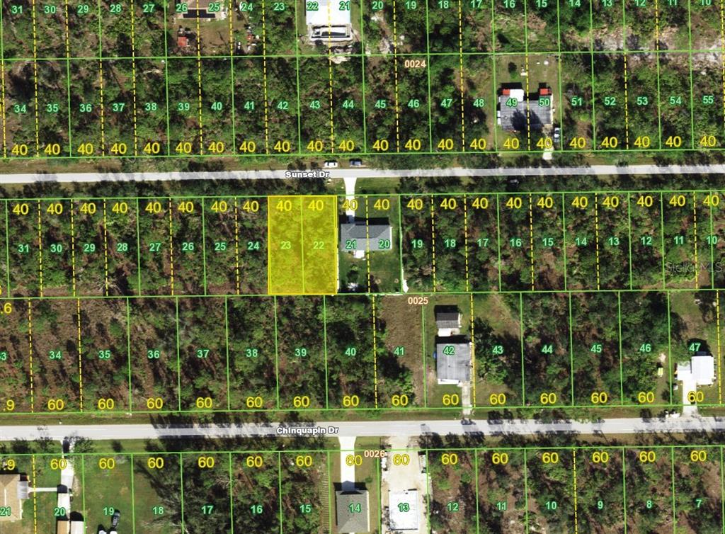 This is a map showing property lot lines and parcel numbers for a residential area — 28041 & 28045 SUNSET DRIVE, PUNTA GORDA, FL