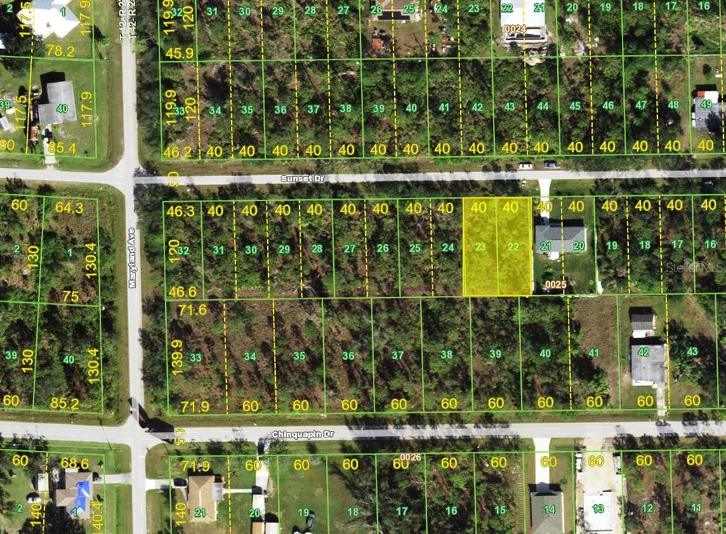 This is an aerial map showing residential land parcels and street layouts — 28041 & 28045 SUNSET DRIVE, PUNTA GORDA, FL