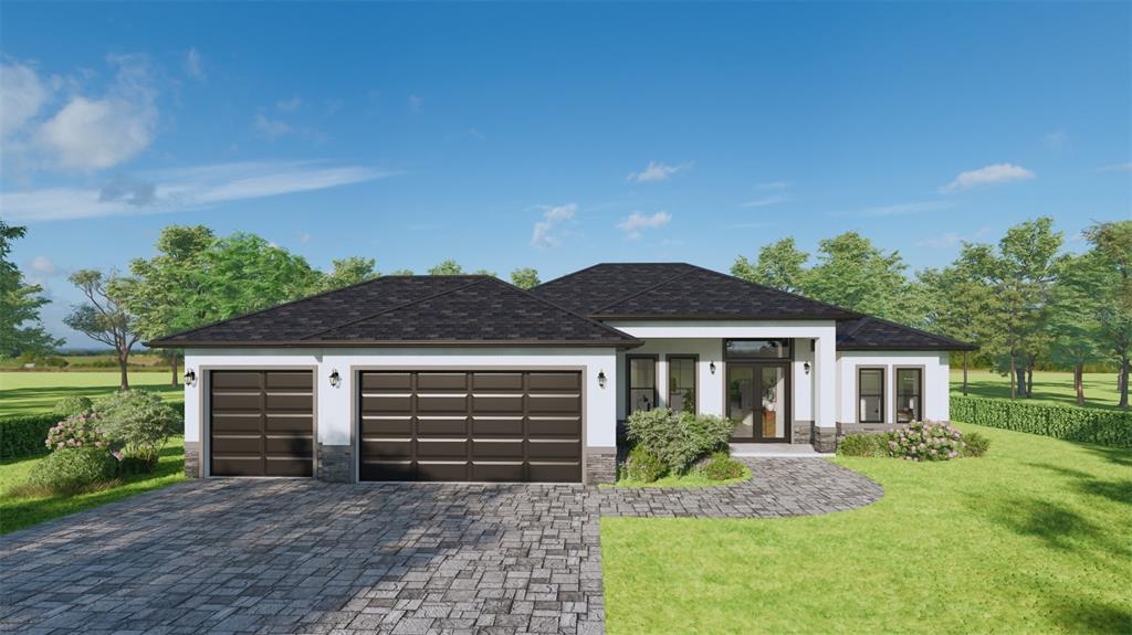 This is a rendering of a single-story house with a three-car garage and stone accents — 9 TOURNAMENT ROAD, ROTONDA WEST, FL