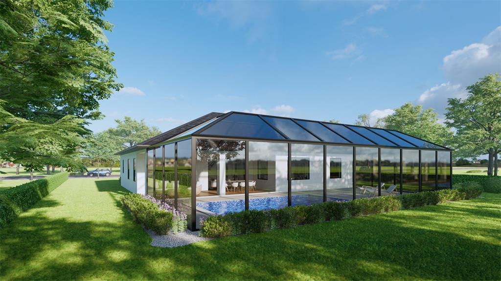 This architectural rendering shows a modern house with a glass-enclosed pool area and backyard — 9 TOURNAMENT ROAD, ROTONDA WEST, FL