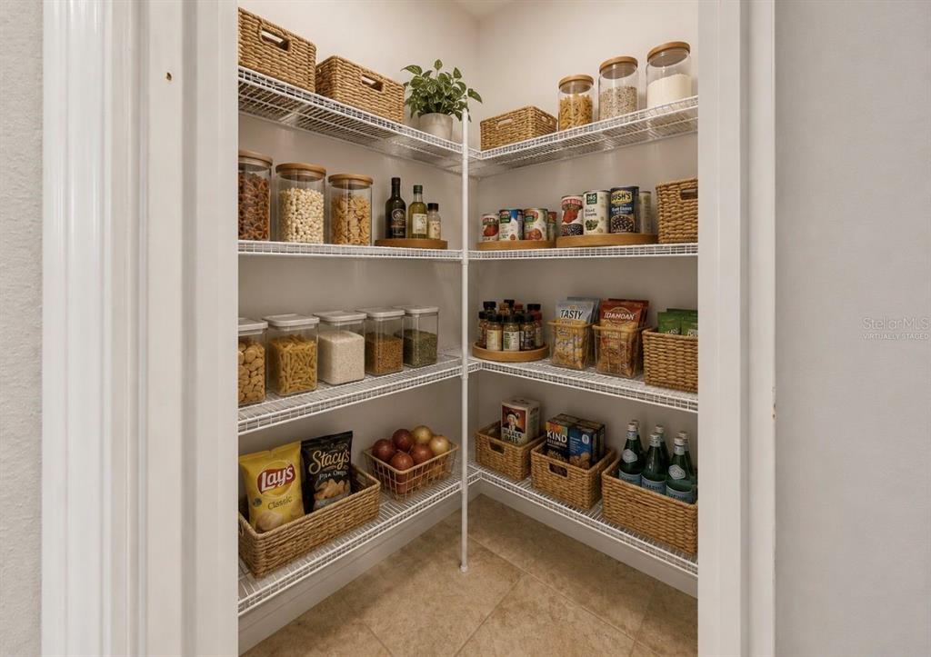 A walk-in pantry features white wire shelving organized with baskets, glass canisters, and food items — 17014 YELLOW PINE STREET, WIMAUMA, FL
