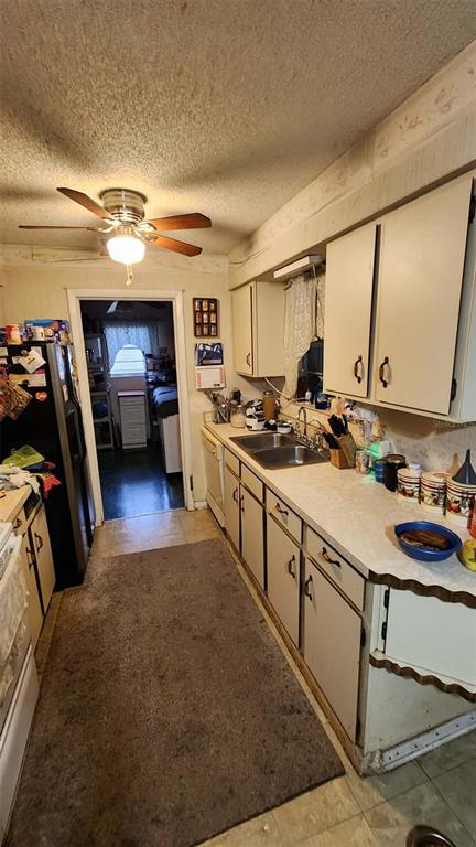 A kitchen with white cabinets, a double sink, and a ceiling fan over a rug — 14451 SE 45TH COURT, SUMMERFIELD, FL