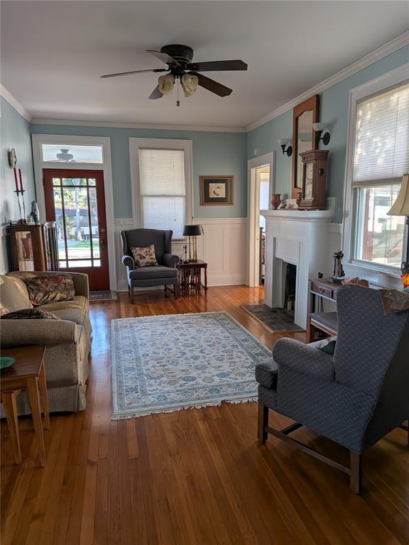 A living room features light blue walls, hardwood floors, a fireplace, and a ceiling fan — 410 E PARK STREET, LAKELAND, FL