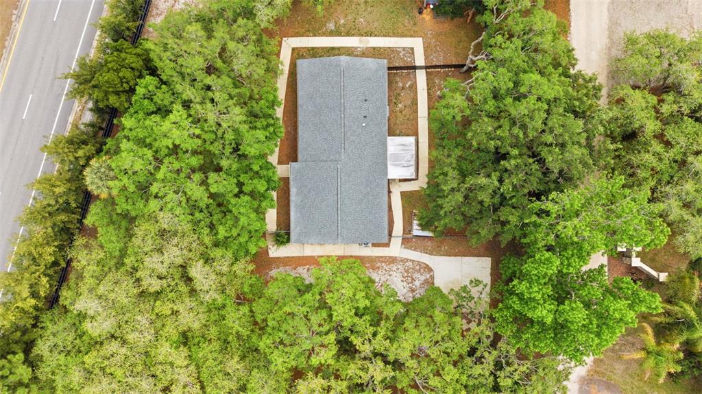 An aerial view shows a house with a gray roof surrounded by trees and walkways — 176 LAKE EVA DRIVE, CHULUOTA, FL