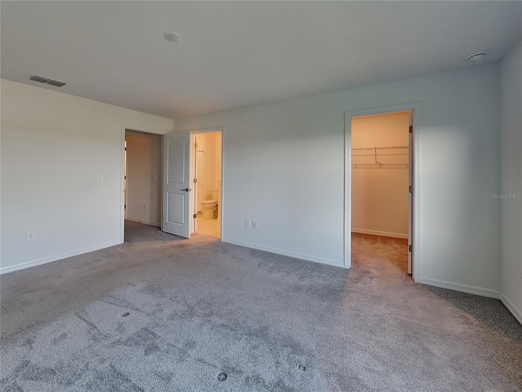 A bedroom with gray carpet, white walls, a bathroom doorway, and a walk-in closet — 9207 BONITA MAR DRIVE, PARRISH, FL