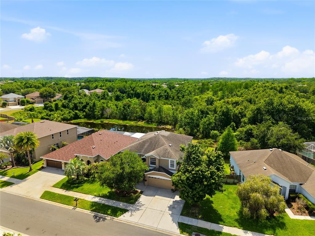 An aerial view shows suburban houses with brown roofs, green lawns, and a nearby pond — 9643 ASBEL ESTATES STREET, LAND O LAKES, FL