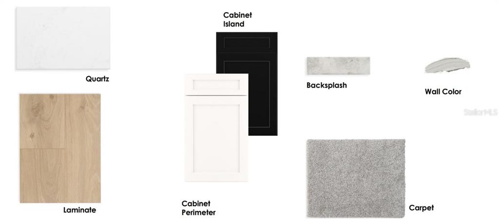 This image is a digital rendering showing a selection of interior design finishes and materials — 5701 COOPERS HAWK COURT, ST CLOUD, FL