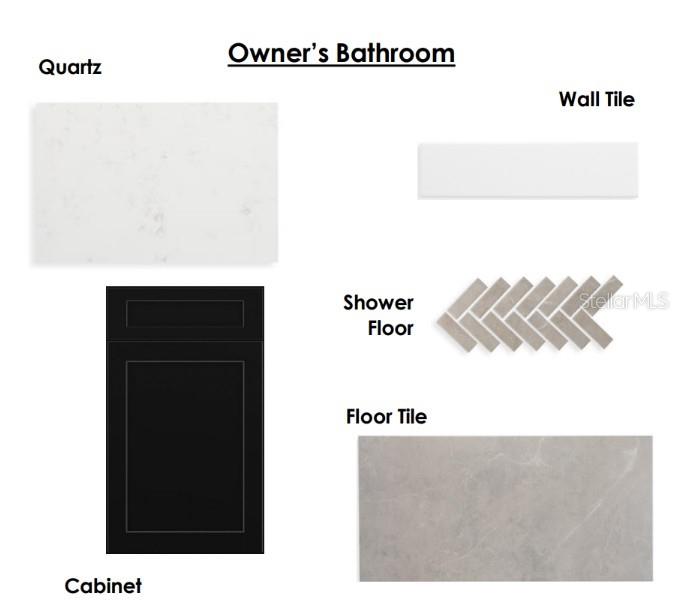 This design board displays material samples for an owner's bathroom, including cabinets, quartz, and tiles — 5701 COOPERS HAWK COURT, ST CLOUD, FL