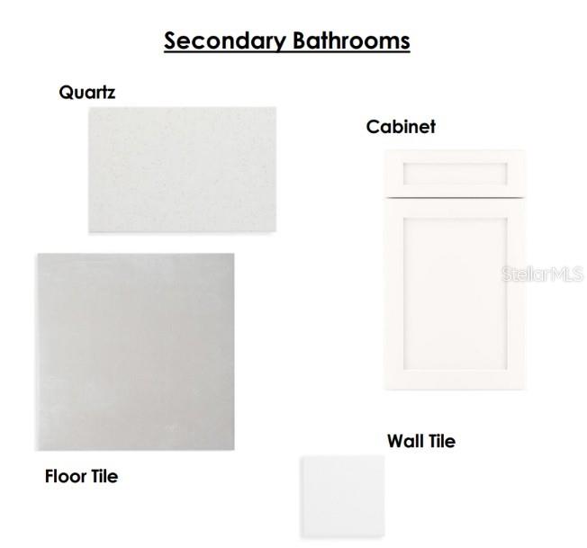 This image displays a design board showing quartz, cabinet, floor tile, and wall tile finishes — 5701 COOPERS HAWK COURT, ST CLOUD, FL