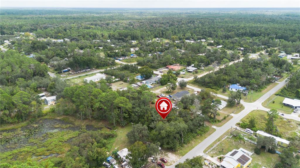 An aerial view shows a wooded residential lot marked with a red house icon — 0 CEDAR STREET, PAISLEY, FL
