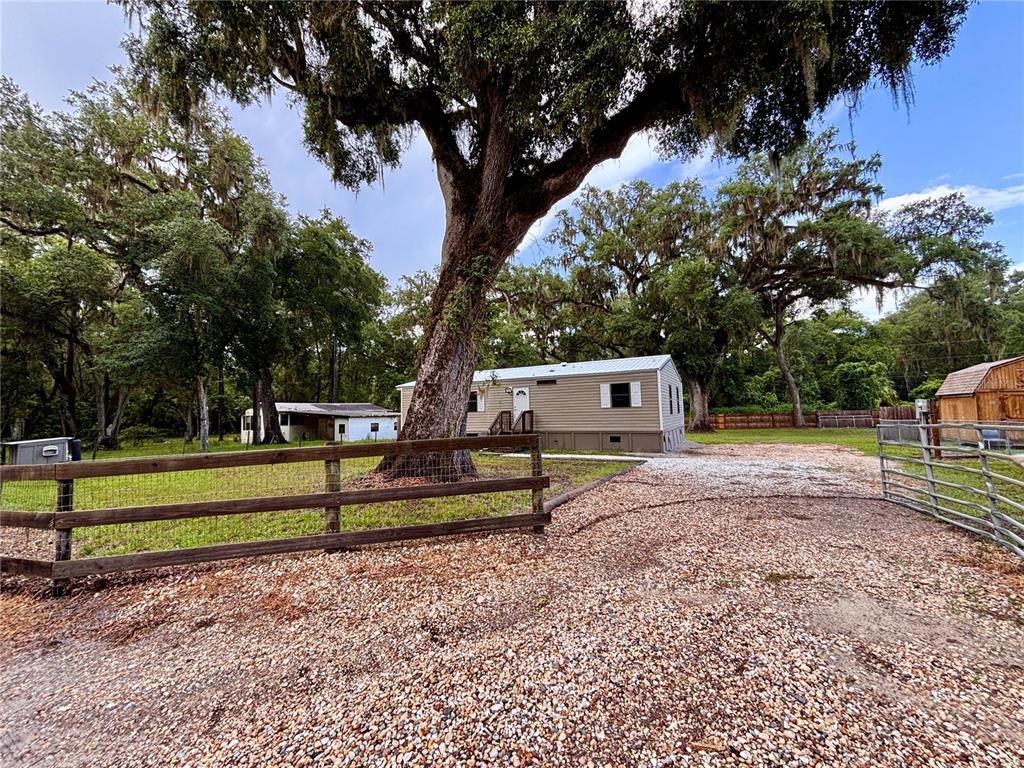 A tan mobile home sits on a gravel lot shaded by large oak trees — 16581 NE 42ND AVENUE, CITRA, FL
