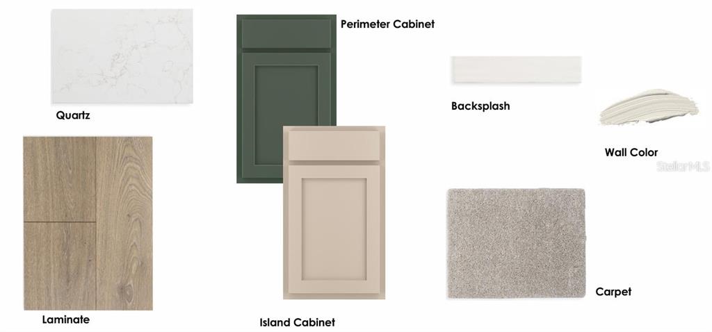 This rendering displays a kitchen design board featuring cabinet, countertop, flooring, and wall color samples — 6440 PONDER WAY, CLERMONT, FL
