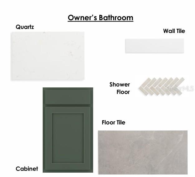 This rendering displays material samples for an owner's bathroom, including cabinets, quartz, and various tiles — 6440 PONDER WAY, CLERMONT, FL