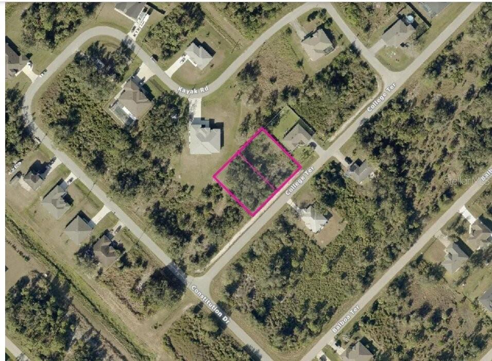 An aerial map view shows two adjacent vacant residential lots outlined in pink on College Terrace — 0 COLLEGE TERRACE, NORTH PORT, FL