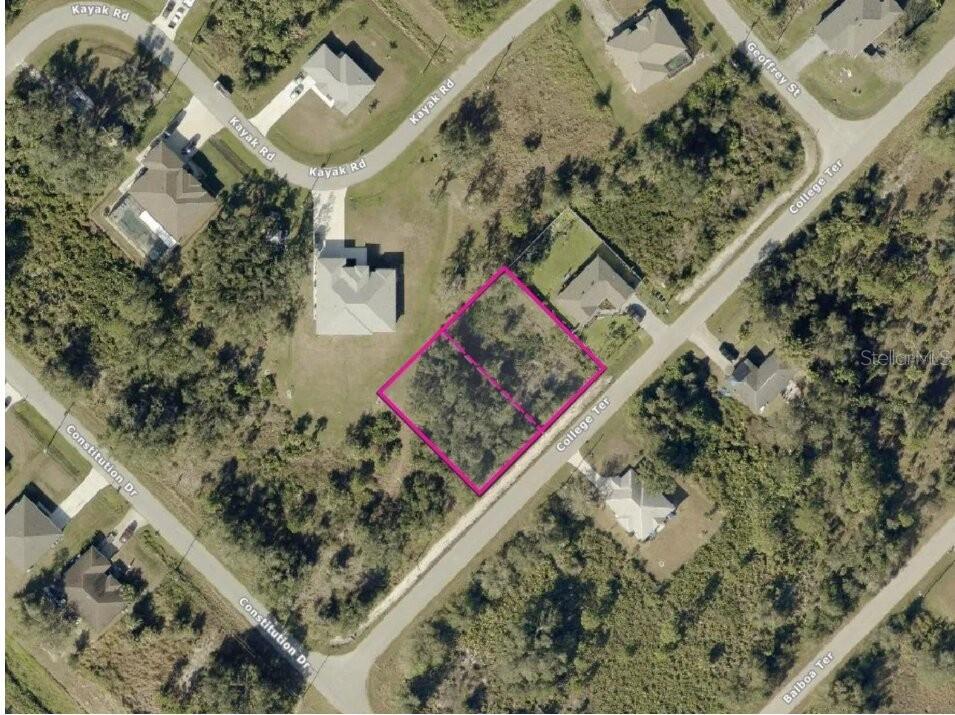 An aerial map view shows two adjacent vacant lots outlined in pink along College Terrace — 0 COLLEGE TERRACE, NORTH PORT, FL