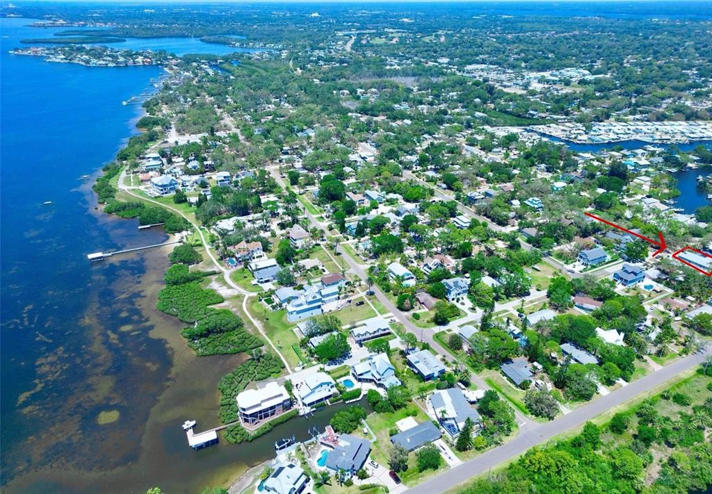 An aerial view shows a coastal residential neighborhood with a red arrow pointing toward a house — 407 GEORGIA AVENUE, CRYSTAL BEACH, FL