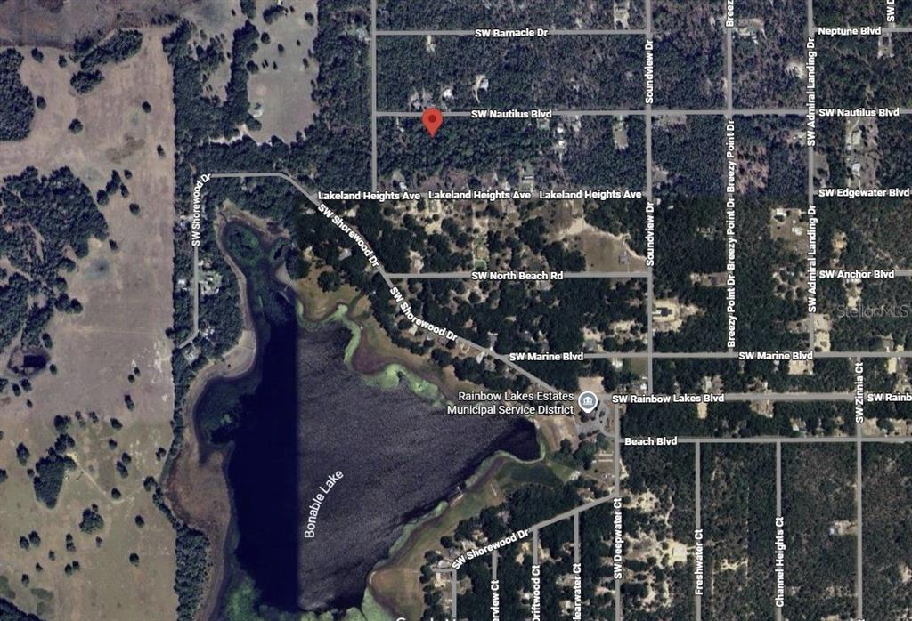 This is a satellite map showing a residential area near Bonable Lake — SW NAUTILUS BLVD, DUNNELLON, FL