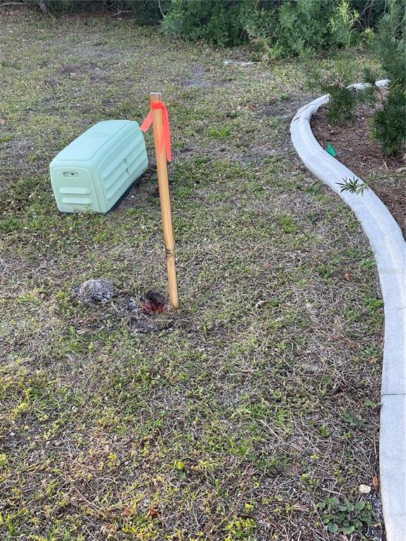 A wooden stake with a red flag stands in a grassy yard near a utility box — 9098 KESTRAL CIRCLE, ENGLEWOOD, FL