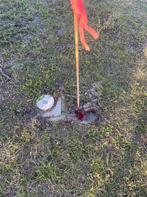 A survey marker with a red flag sits in the grass next to a metal cap — 9098 KESTRAL CIRCLE, ENGLEWOOD, FL
