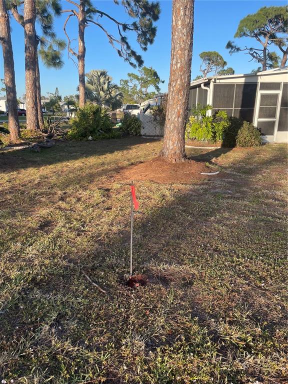 A red survey flag marks a spot in a grassy yard near several pine trees — 9098 KESTRAL CIRCLE, ENGLEWOOD, FL
