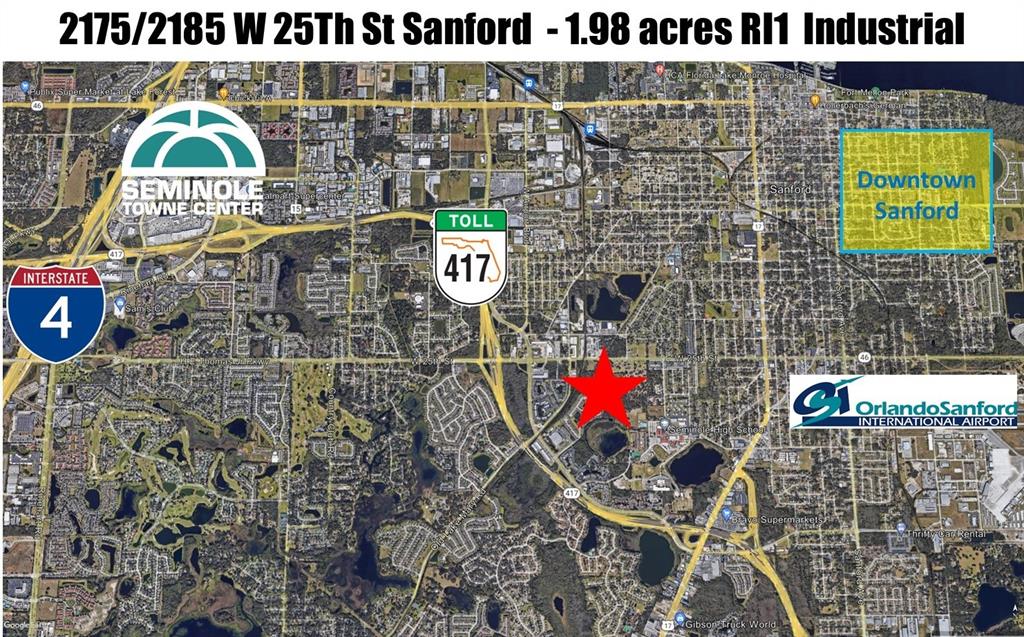 This is a map showing two adjacent land parcels and a proposed access road — 2175 W 25TH STREET, SANFORD, FL