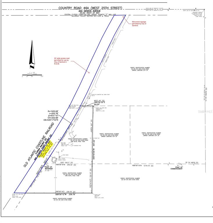 This aerial map shows a property location marked with a red star in Sanford, Florida — 2175 W 25TH STREET, SANFORD, FL
