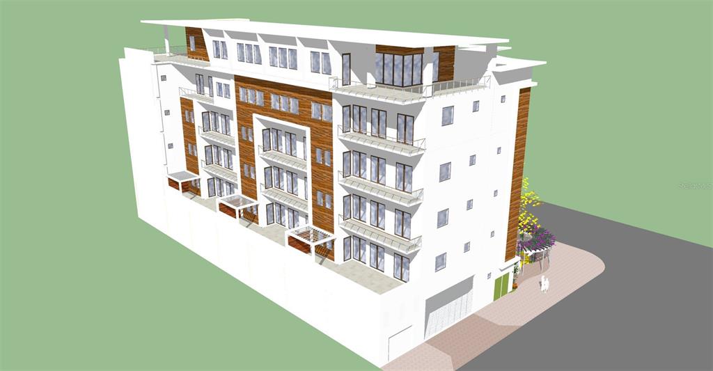 This is a digital architectural rendering of a multi-story modern apartment building with balconies — 711 N ORANGE AVENUE, SARASOTA, FL