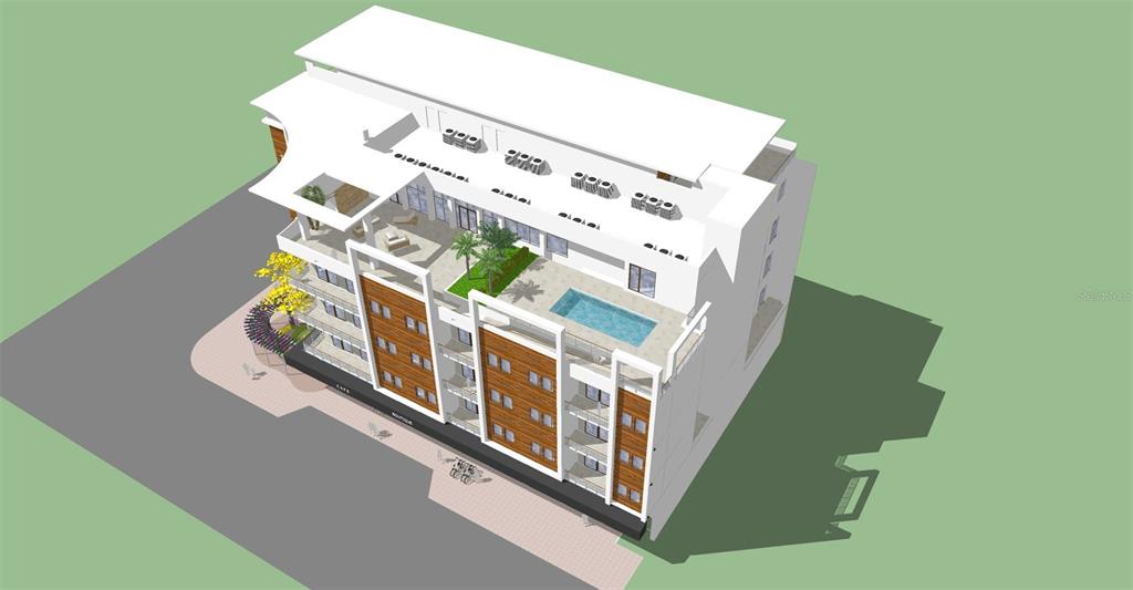 This is a digital architectural rendering of a modern multi-story building with a rooftop pool — 711 N ORANGE AVENUE, SARASOTA, FL