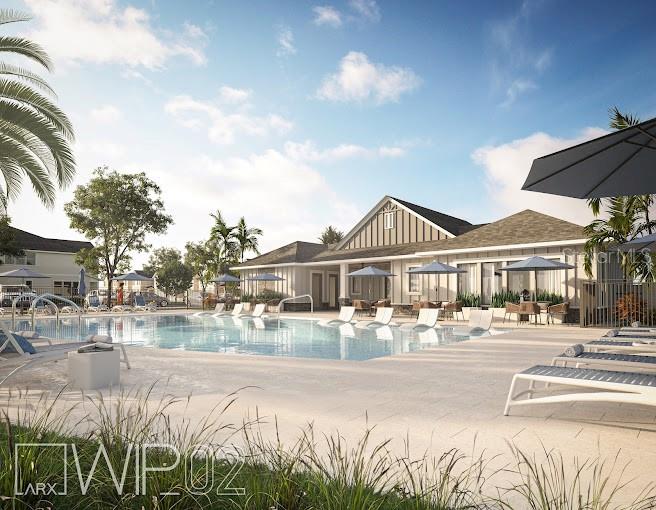 This is a rendering of a community swimming pool area with lounge chairs and umbrellas — 4519 TRINITY WAY UNIT THC2, KISSIMMEE, FL