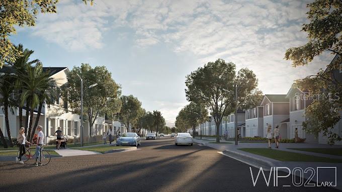 This is a digital rendering of a suburban street lined with modern townhomes and trees — 4519 TRINITY WAY UNIT THC2, KISSIMMEE, FL