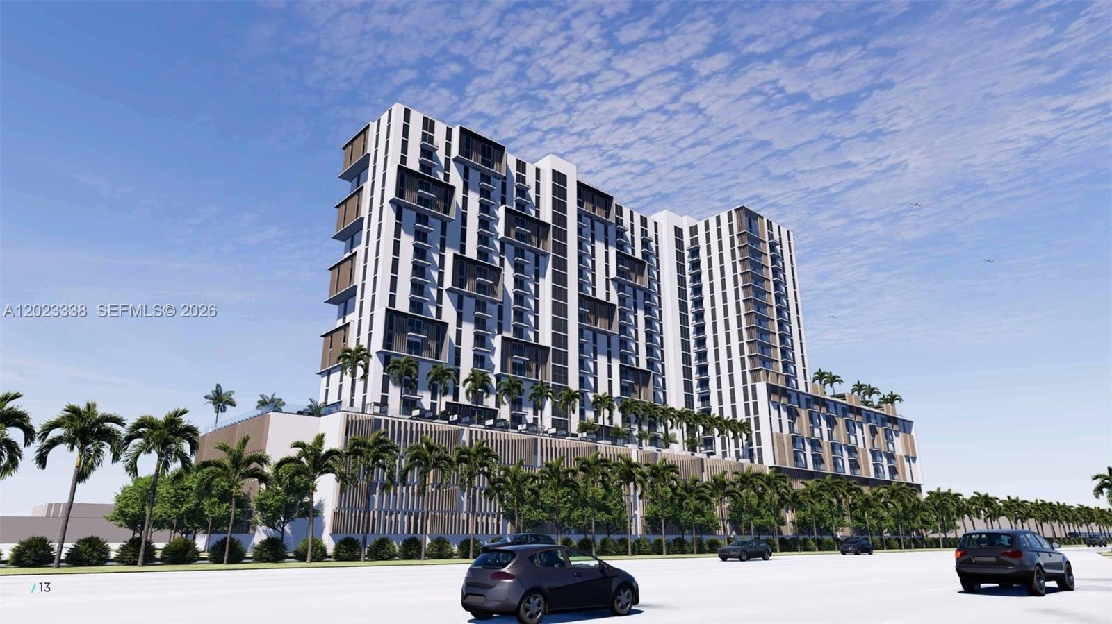 This is a digital rendering of a modern high-rise apartment building with palm trees — 2660 NE 189th St, Miami FL 33180, MIAMI, FL
