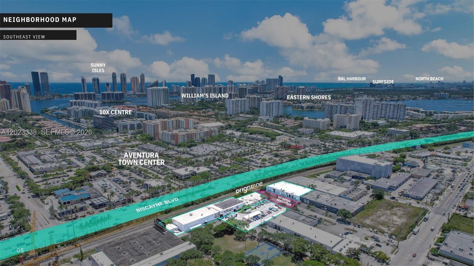 An aerial map rendering shows a commercial property highlighted near Biscayne Boulevard and Aventura — 2660 NE 189th St, Miami FL 33180, MIAMI, FL