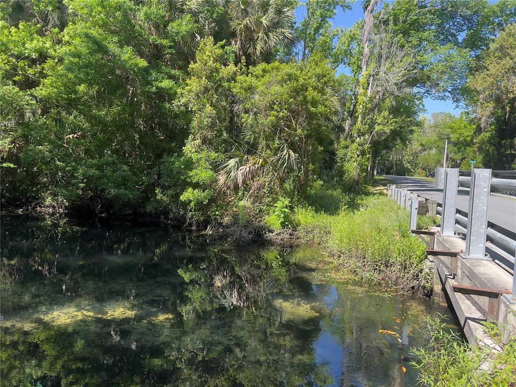 A clear stream flows beside a road with a metal guardrail and dense green trees — 332 NW CRYSTAL STREET, CRYSTAL RIVER, FL