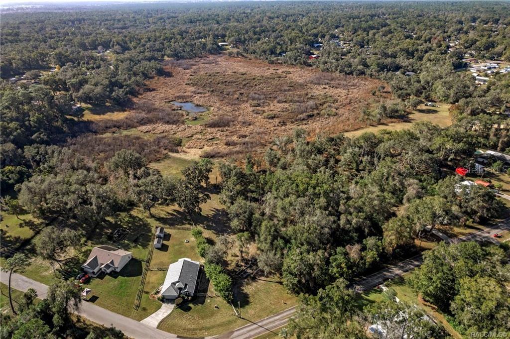 An aerial view shows two houses situated near a large, open field with a small pond — 6616 E MALVERNE STREET, INVERNESS, FL