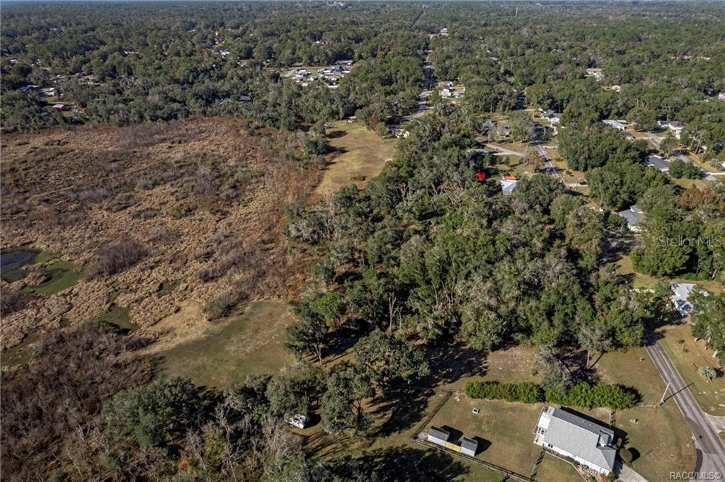 An aerial view shows a wooded lot adjacent to a residential area and marshland — 6616 E MALVERNE STREET, INVERNESS, FL