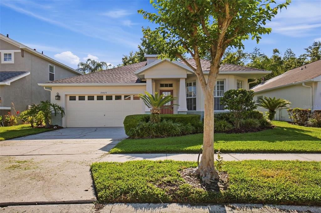 A single-story house with a beige exterior, a two-car garage, and a front yard — 19409 MELODY FAIR PLACE, LUTZ, FL