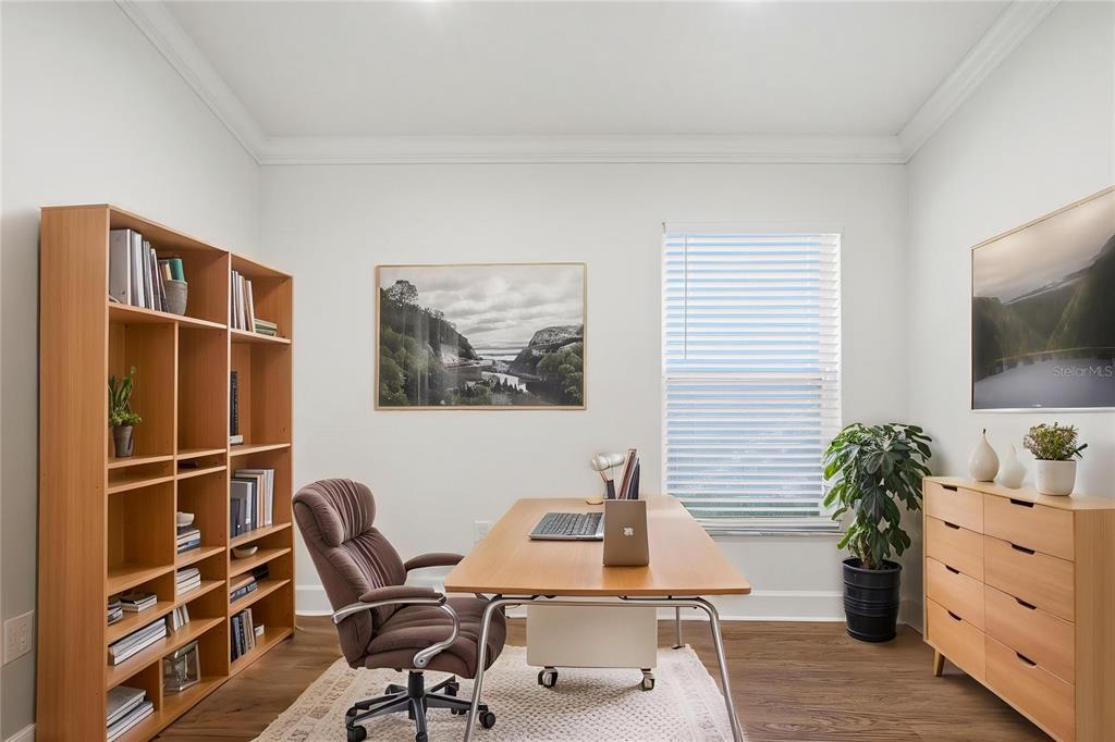 A home office features a wooden desk, a bookshelf, a dresser, and a window — 19409 MELODY FAIR PLACE, LUTZ, FL