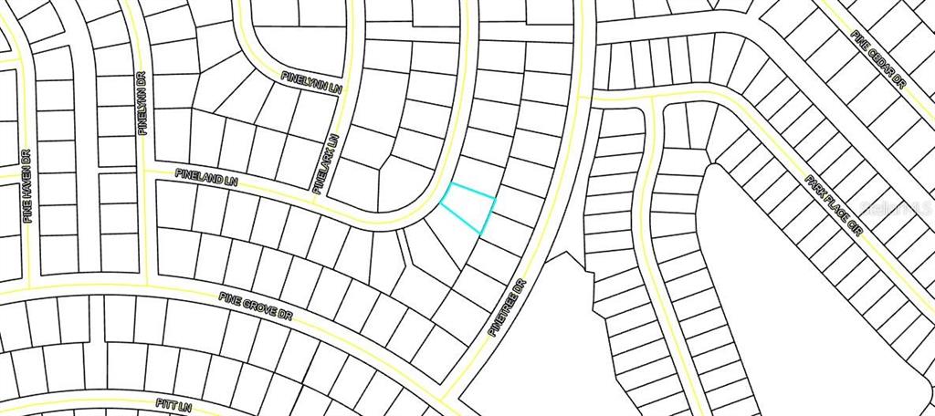 This is a map showing a highlighted residential lot located on Pinetree Drive — 37 PINELAND LANE, PALM COAST, FL