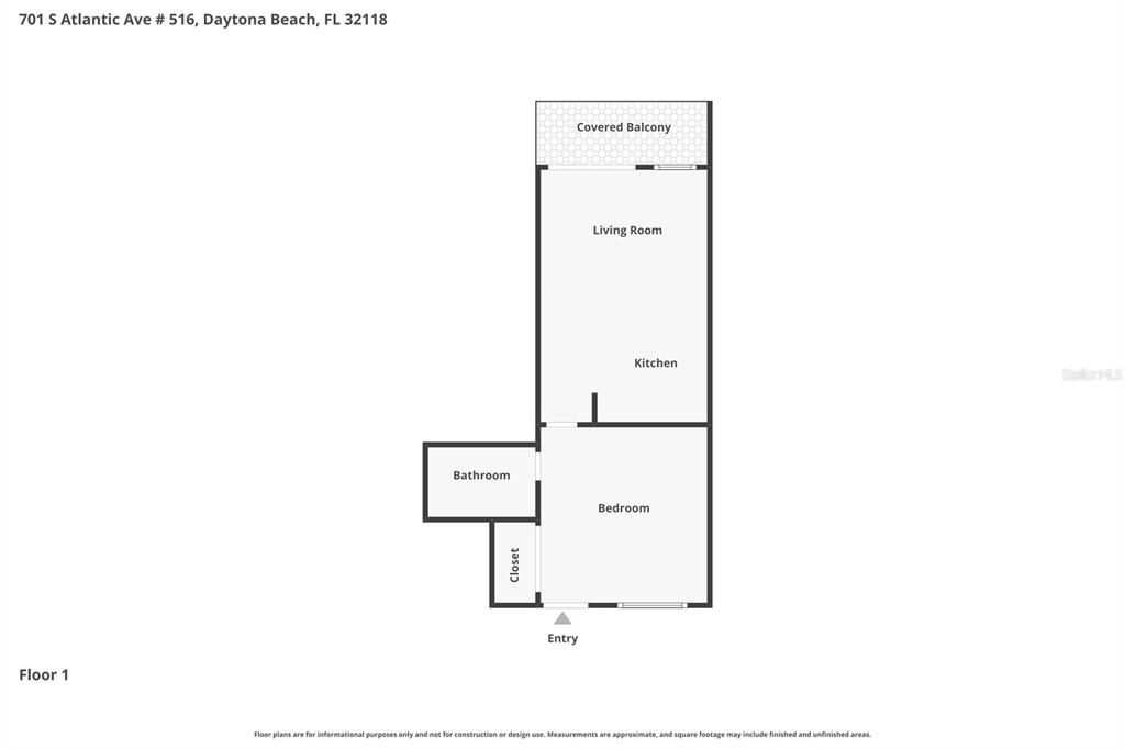 This is a floor plan for a one-bedroom apartment with a bathroom, kitchen, and balcony — 701 S ATLANTIC AVENUE UNIT 516, DAYTONA BEACH, FL