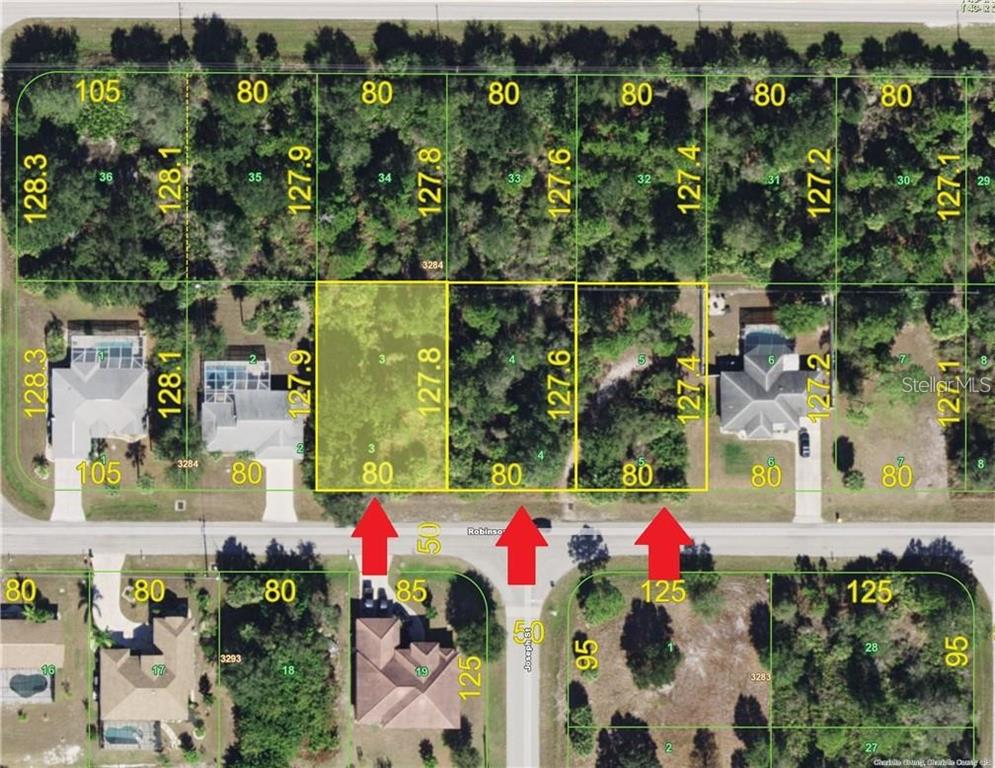 This is a map showing three adjacent vacant residential lots highlighted in yellow — 17444 ROBINSON AVENUE, PORT CHARLOTTE, FL