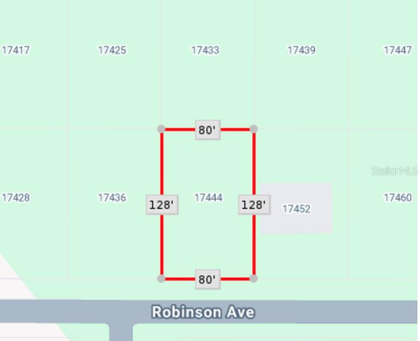 This is a map showing the rectangular dimensions of a property lot on Robinson Avenue — 17444 ROBINSON AVENUE, PORT CHARLOTTE, FL
