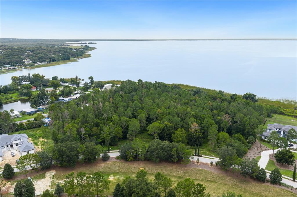 An aerial view shows a wooded lot situated along a large lake near residential homes — 17001 LUCCA LANE, BELLA COLLINA, FL