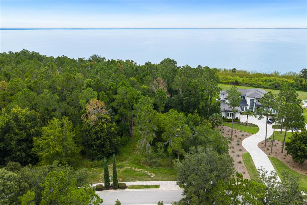 An aerial view shows a wooded lot next to a house overlooking a large lake — 17001 LUCCA LANE, BELLA COLLINA, FL
