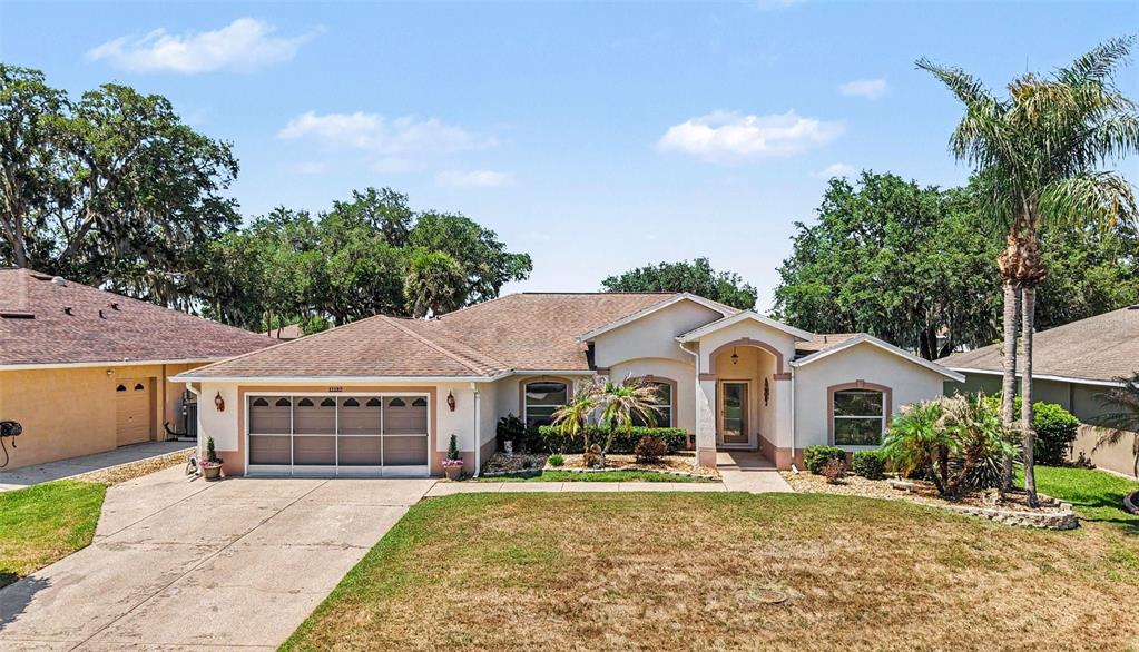A single-story suburban house with a tan stucco exterior, a two-car garage, and a palm tree — 11132 MOSHIE LANE, SAN ANTONIO, FL