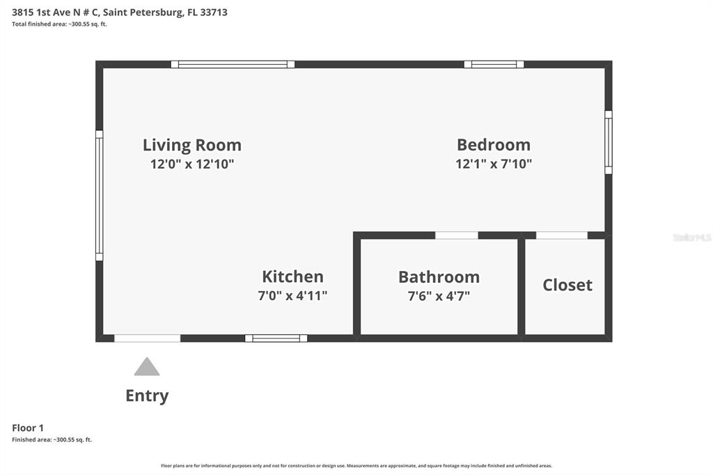 This composite image shows a studio apartment with a kitchen, living area, and bedroom — 3815 1ST AVE N UNIT C, ST PETERSBURG, FL