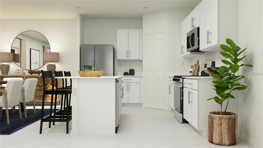 This is a rendering of a modern kitchen featuring white cabinetry, stainless steel appliances, and an island — 11851 NOBLE CHASE PATH, DADE CITY, FL