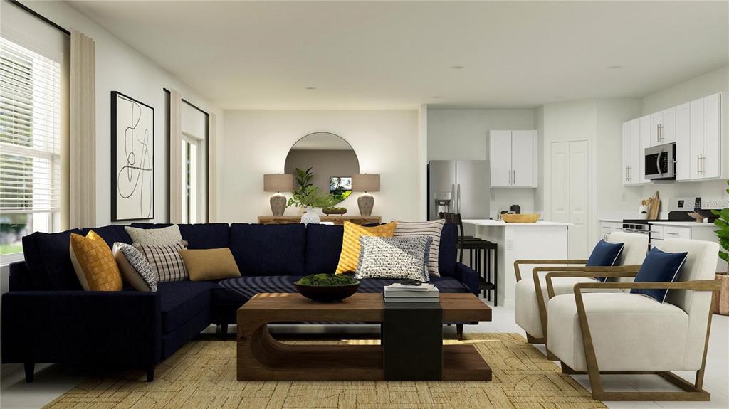 This rendering shows an open-concept living room and kitchen with a dark blue sectional sofa — 11851 NOBLE CHASE PATH, DADE CITY, FL