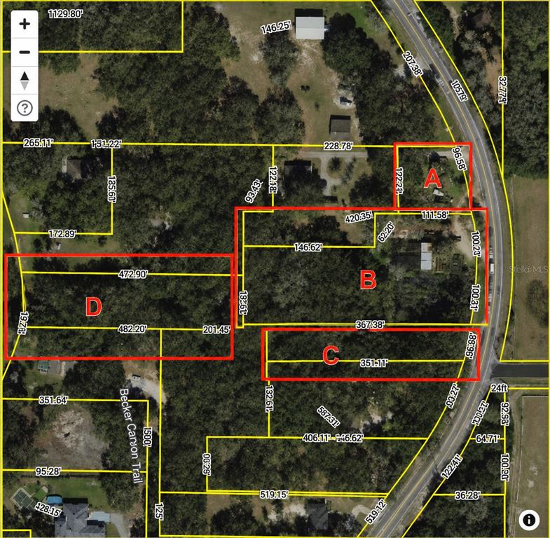 This is a map showing four outlined land parcels labeled A, B, C, and D — 0000 GUNN HIGHWAY, ODESSA, FL