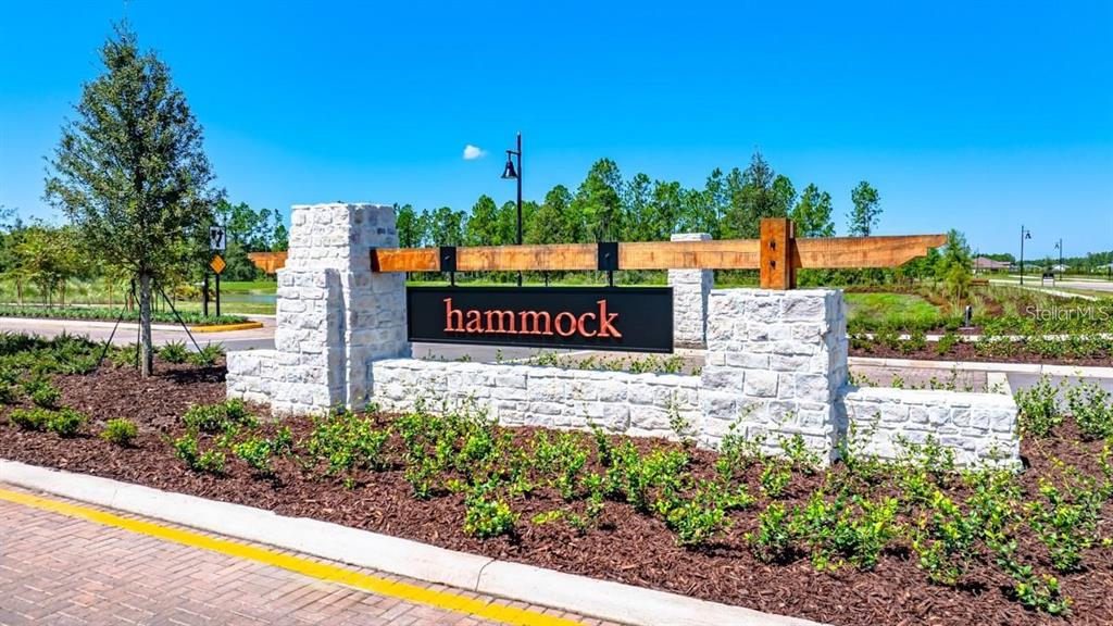 A stone monument sign with a wooden beam displays the word hammock in a landscaped area — 1645 TRAILHEAD LANE, ZEPHYRHILLS, FL